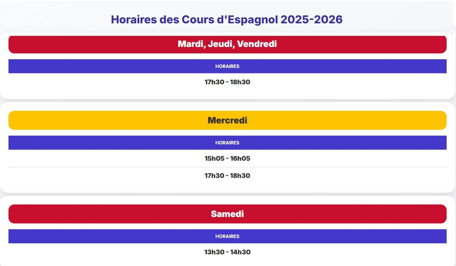 Horaires 2025 - 2026