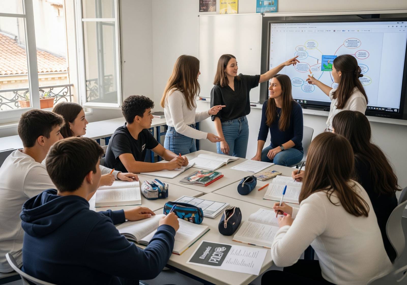  Élèves de lycée utilisant du matériel pédagogique numérique pour apprendre l'anglais au stage de Marseille 13011.