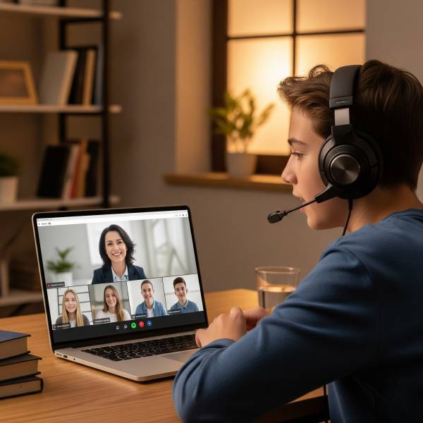 Adolescent de 16 ans participant activement à un cours d'anglais en ligne depuis sa chambre,