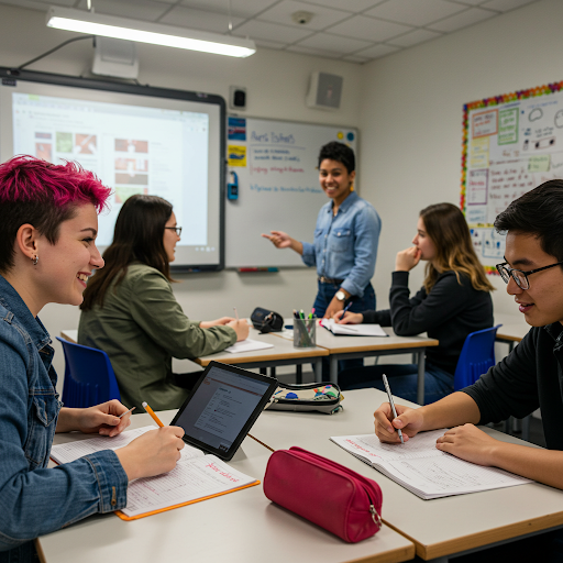 Motivation et Dynamisme : Les visages souriants des adolescents témoignent d'une ambiance de classe stimulante et encourageante.